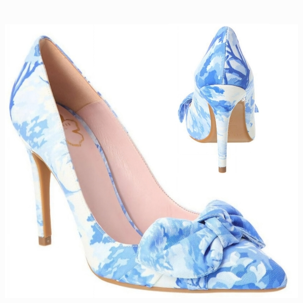 Blue Floral Bow Pointed-Toe Stiletto Pumps - Women